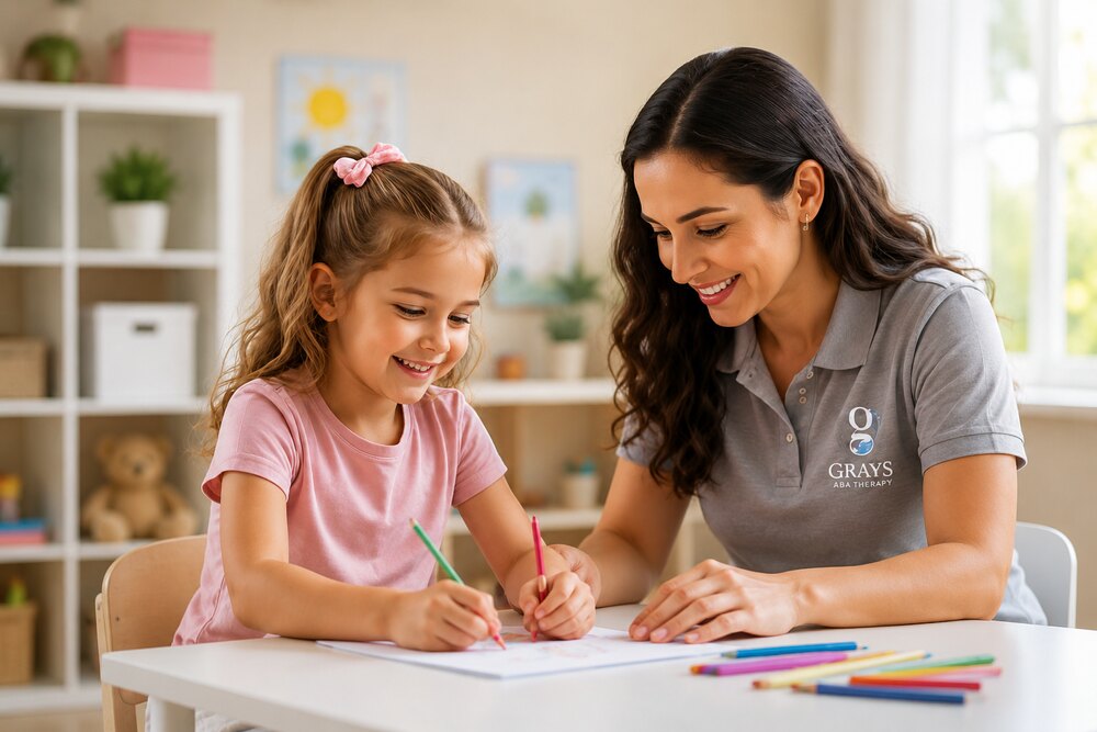 A therapist helping a young girl with a coloring activity