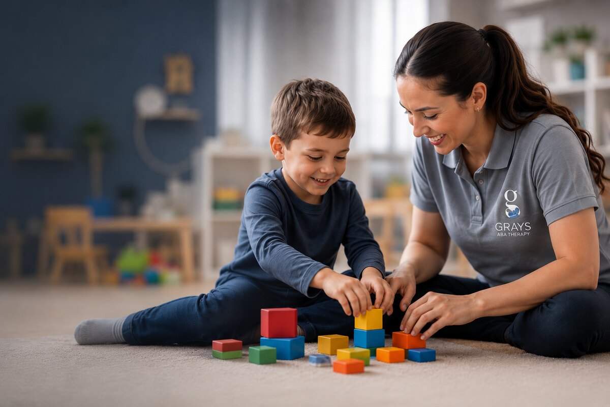 A child and therapist building with blocks